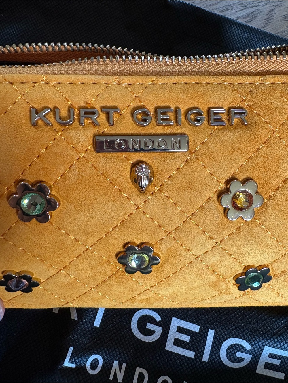 Kurt Geiger Mustard Suede Quilted Mini Shoulder Bag with Floral Studs NWT - Picture 3 of 6